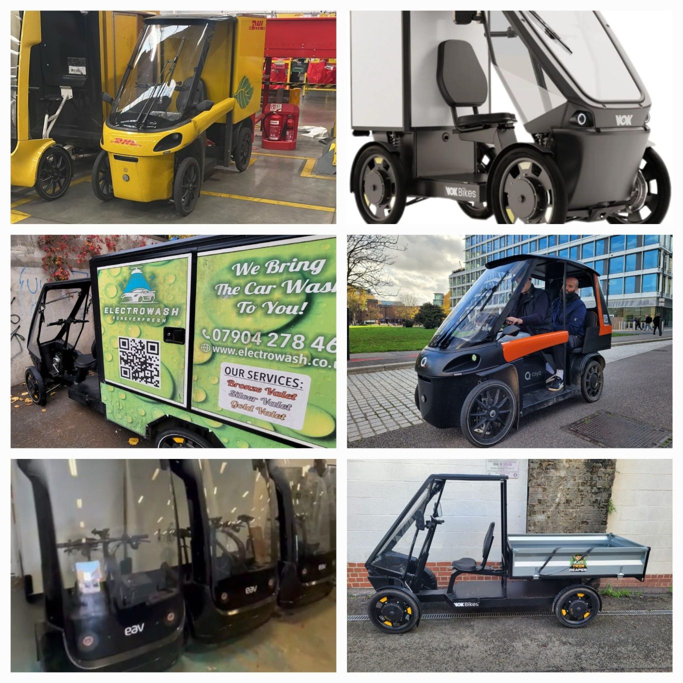 A collage of various electric utility vehicles and compact transport designs. EAV, VOK, CityQ